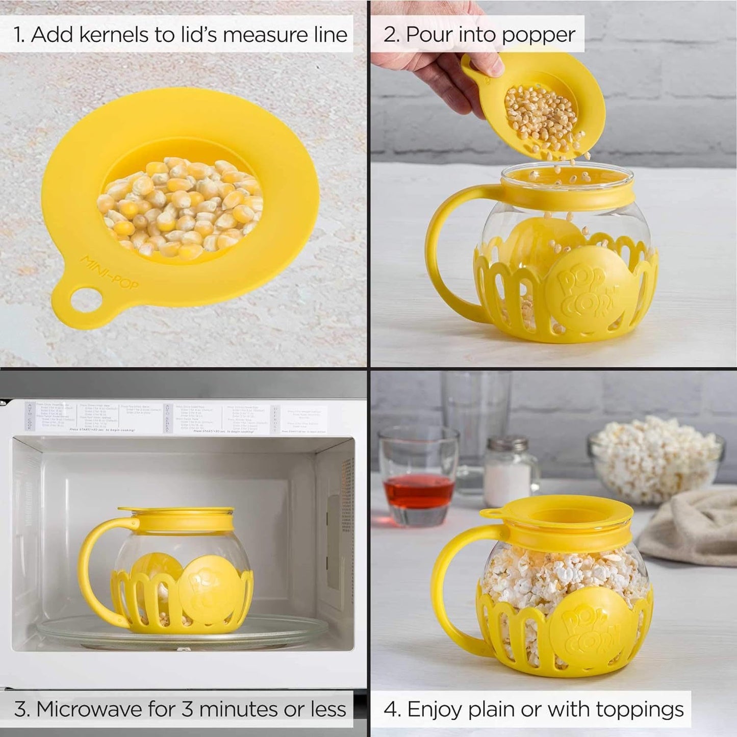 Microwave Popcorn Popper with Temperature Safe Glass, 3-in-1 Lid Measures Kernels and Melts Butter, Dishwasher Safe, 3-Quart Family Size