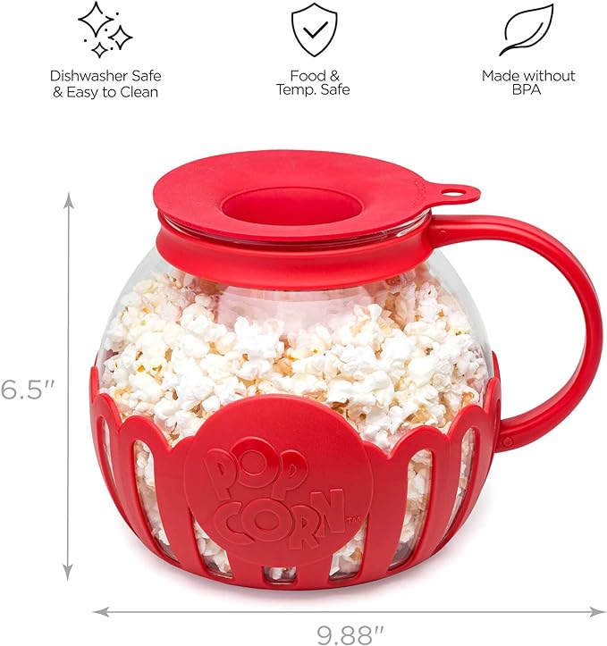 Microwave Popcorn Popper with Temperature Safe Glass, 3-in-1 Lid Measures Kernels and Melts Butter, Dishwasher Safe, 3-Quart Family Size